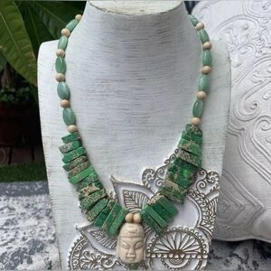 Buddah green imperial Jasper, Aventurine & bone necklace jewelry 54.6 Grams